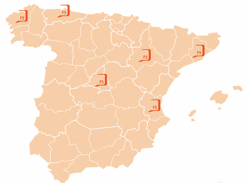 Mapa de España con las sedes de Factoría F5